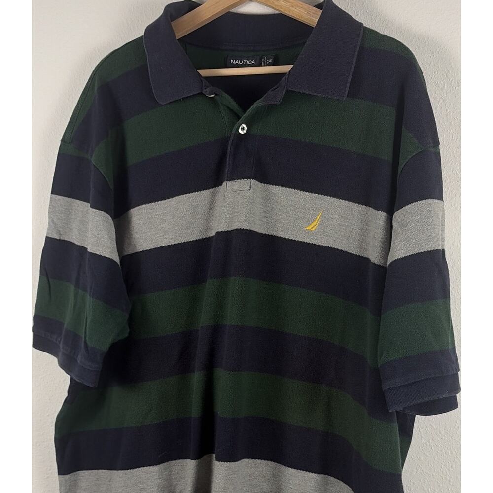 Nautica 2XLT Navy Green Gray Striped Short Sleeve Collared Polo 100% cotton